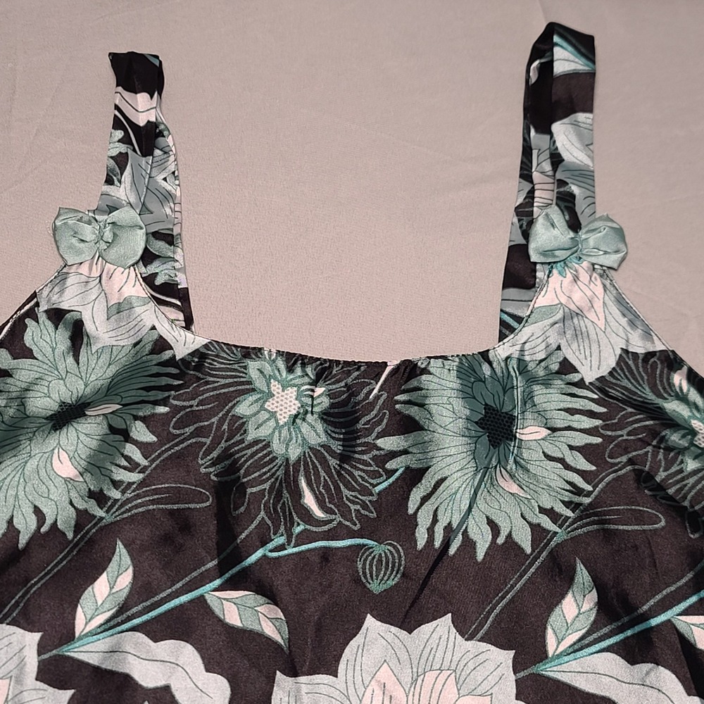 Sante Classics Nightgown Womens 1X Black Teal Floral Satin Bow Sleep Dress Plus